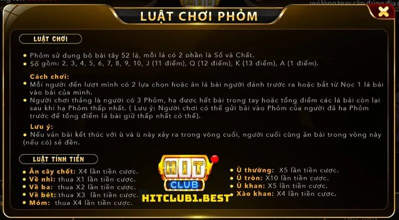 Luật chơi Phỏm Hit Club được áp dụng 